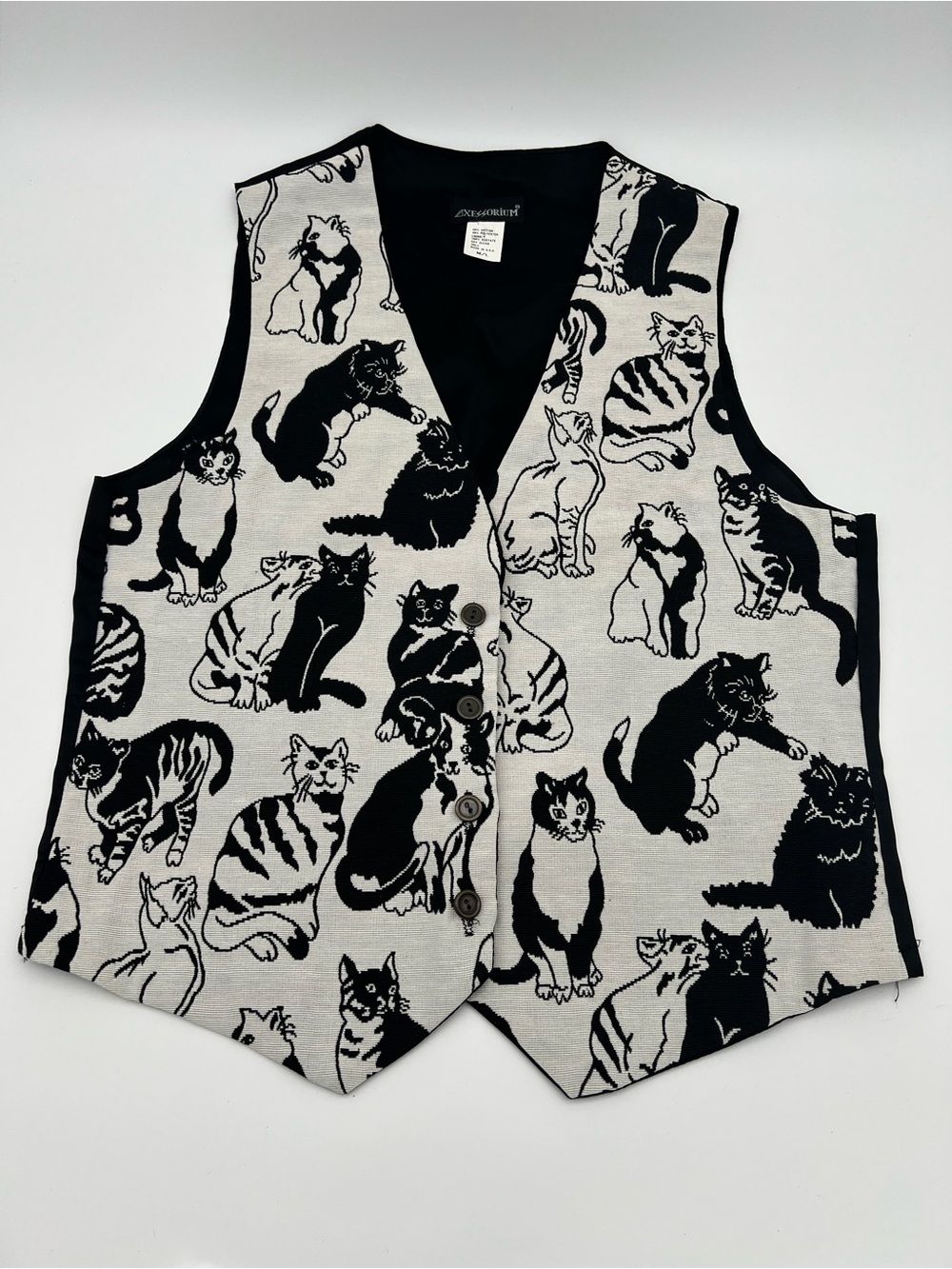Axessorium Tapestry Cat Print Button Front Vest Black White M/L Women VTG